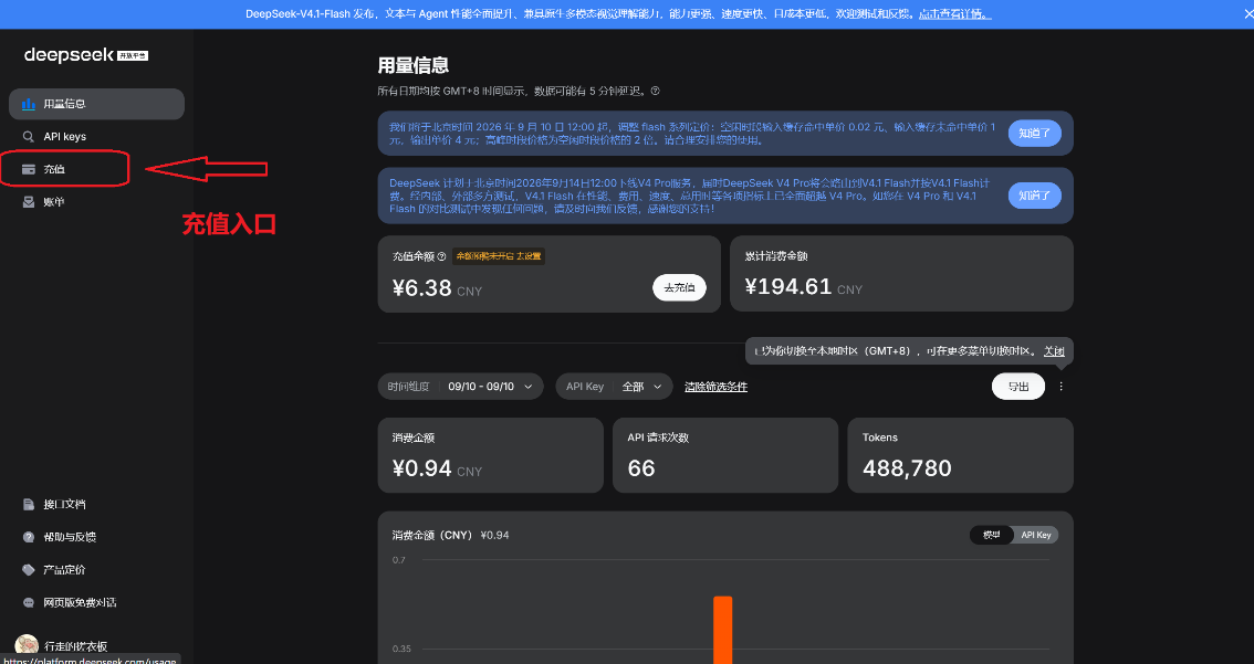 DeepSeek 控制台充值入口截图