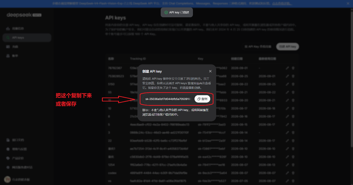 复制 DeepSeek API Key 截图
